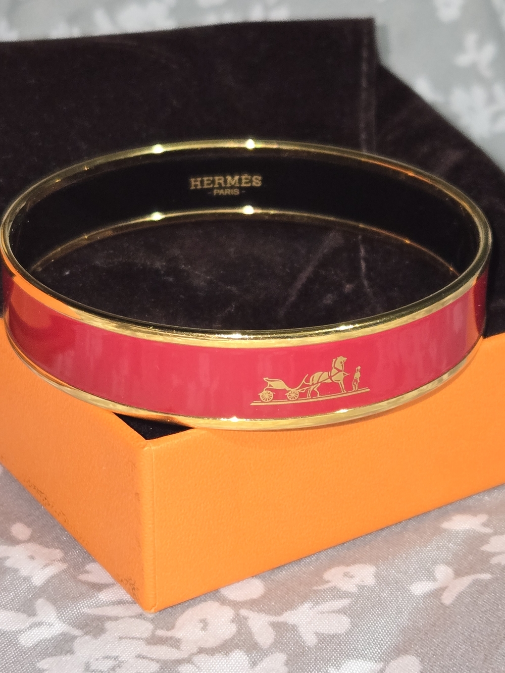 Hermès Red Enamel Gold-Plated Bangle